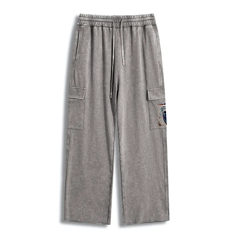 Kyoto-Lion Stylish Blue Heron Washed Utility Sweatpants