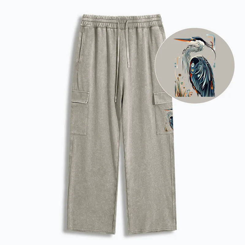 Kyoto-Lion Stylish Blue Heron Washed Utility Sweatpants