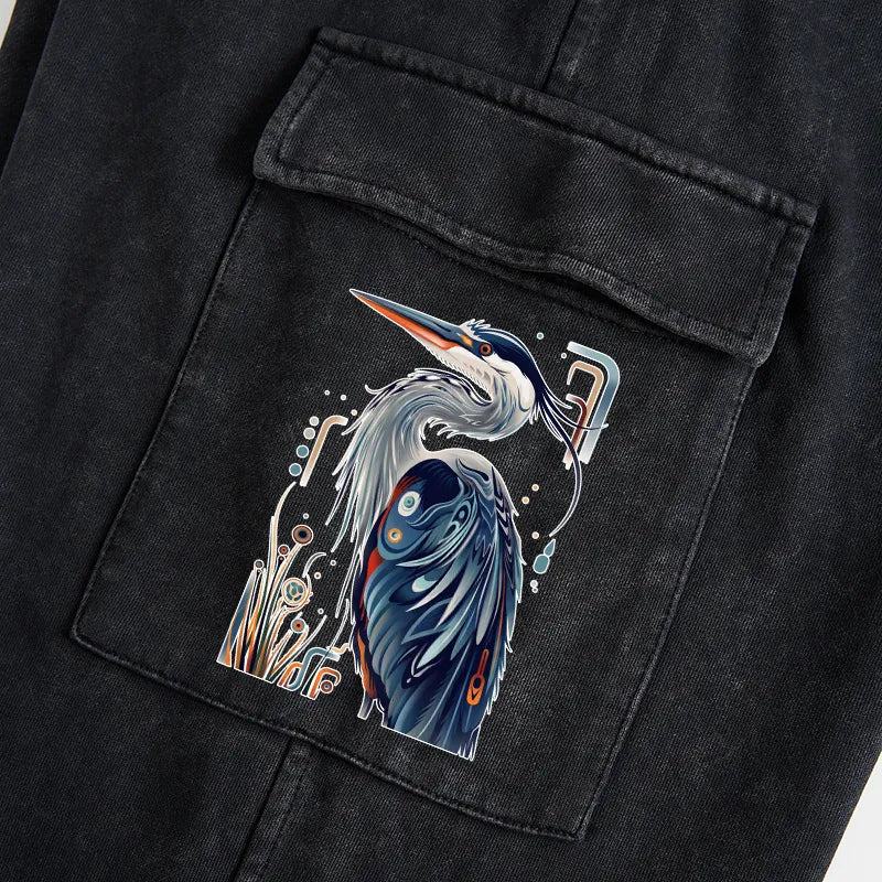 Kyoto-Lion Stylish Blue Heron Washed Utility Sweatpants
