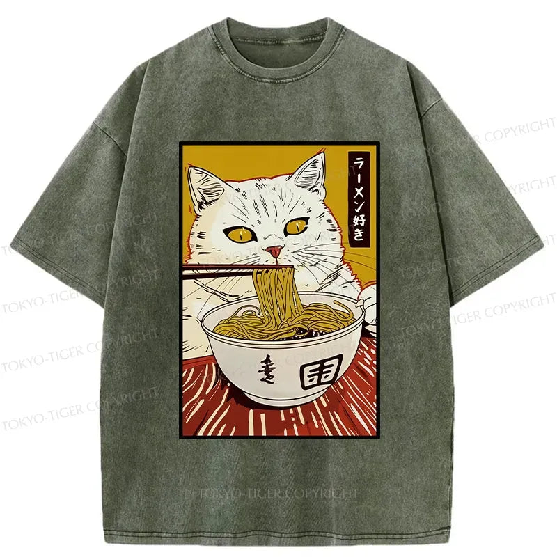 Kyoto-Lion Cute Cat Ramen Lover Washed T-Shirt
