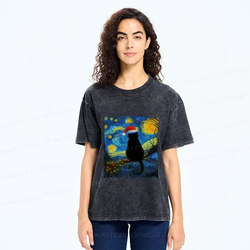 Kyoto-Lion A Cat¡¯s Christmas Under The Stars Washed T-Shirt