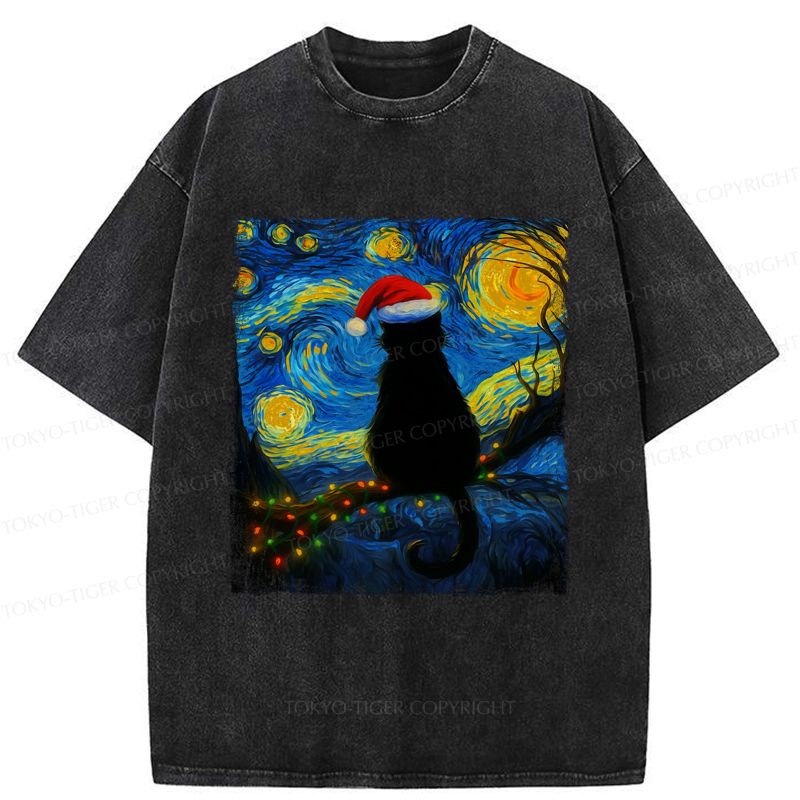 Kyoto-Lion A Cat¡¯s Christmas Under The Stars Washed T-Shirt