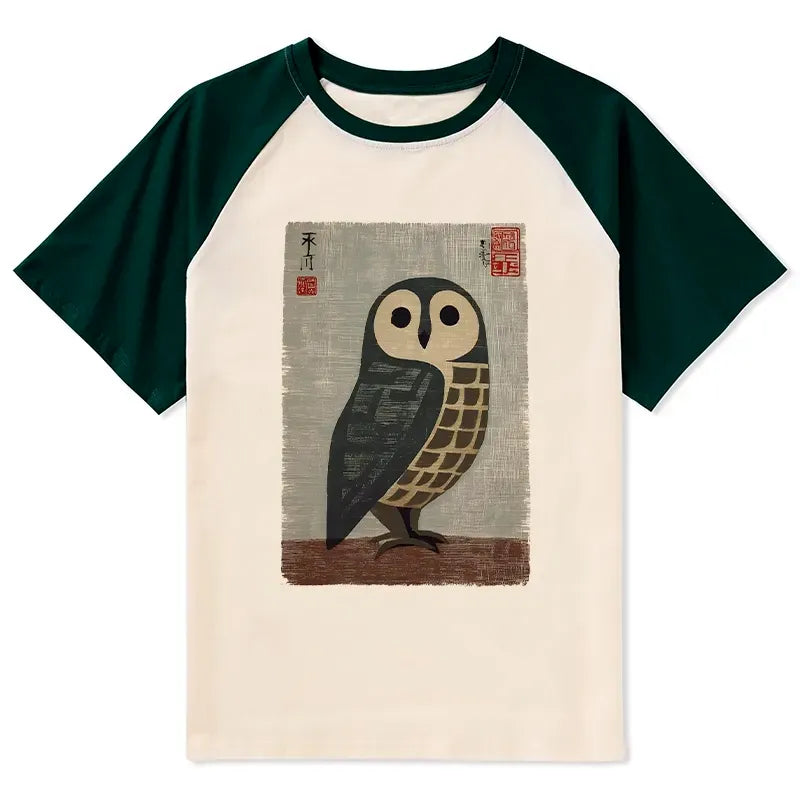 Japanese owl raglan t-shirt for daily wear