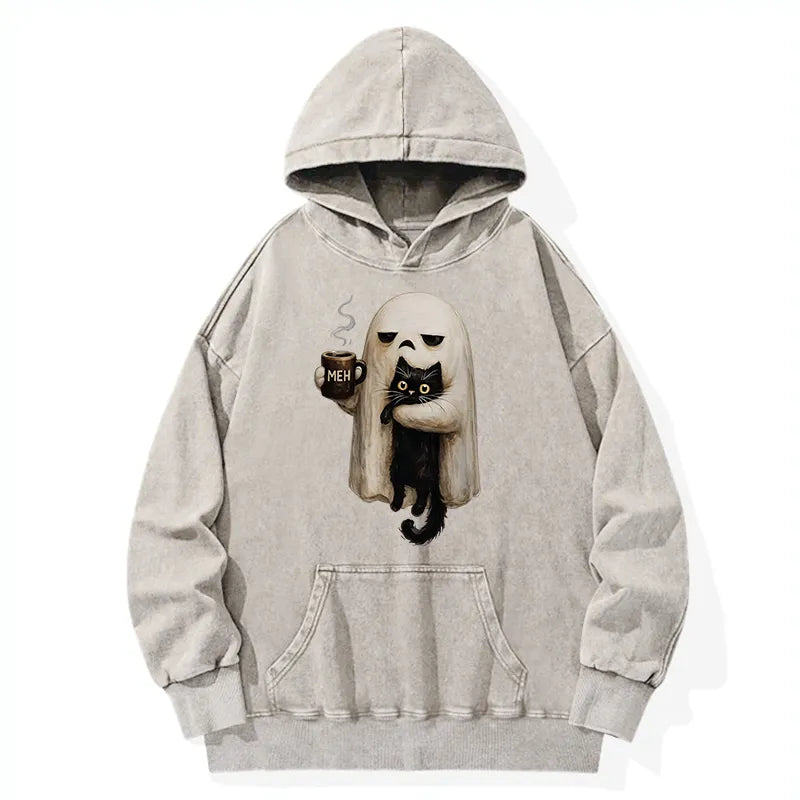 Kyoto-Lion Ghost Cat Coffee Mood Washed Hoodie