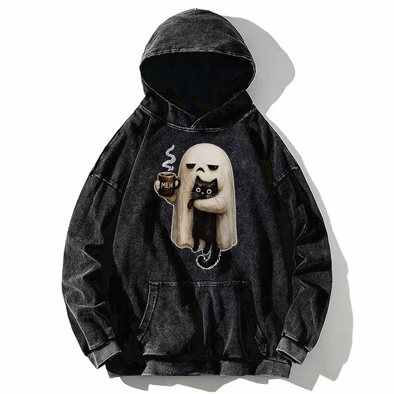 Kyoto-Lion Ghost Cat Coffee Mood Washed Hoodie