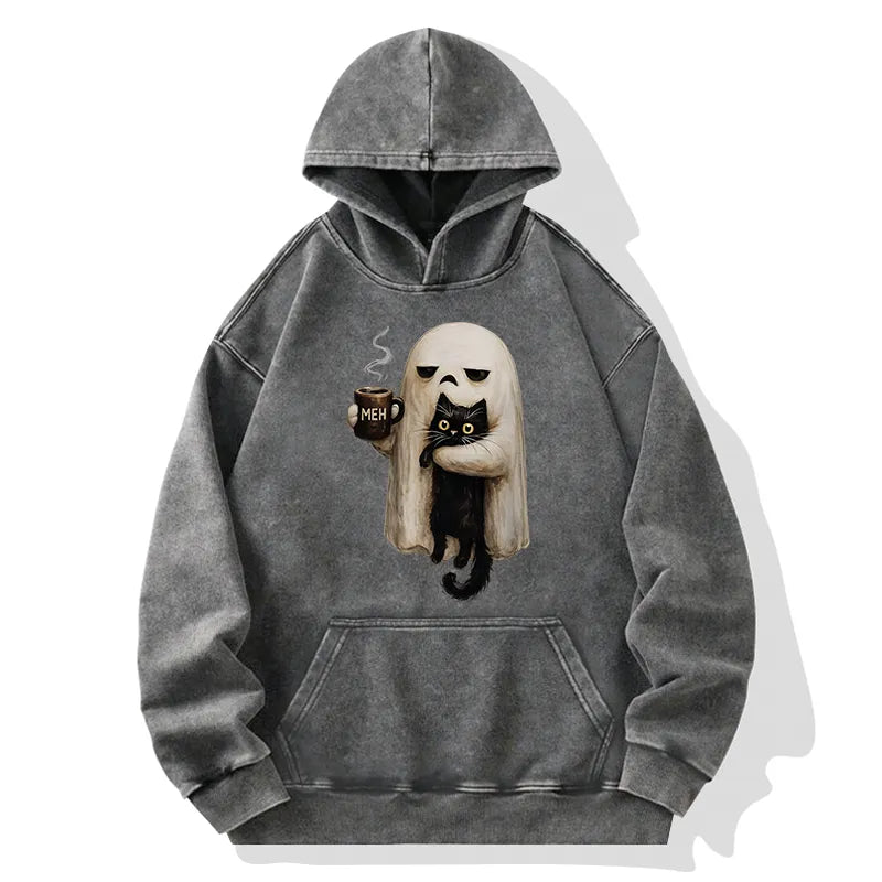 Kyoto-Lion Ghost Cat Coffee Mood Washed Hoodie