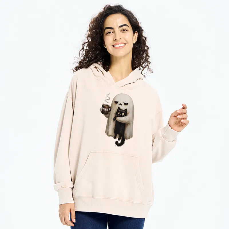 Kyoto-Lion Ghost Cat Coffee Mood Washed Hoodie