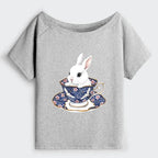 Kyoto-Lion Cute Rabbit Tea Set Off Shoulder T-Shirt