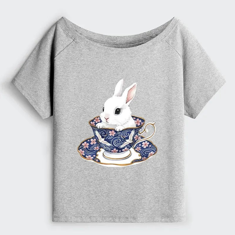 Kyoto-Lion Cute Rabbit Tea Set Off Shoulder T-Shirt