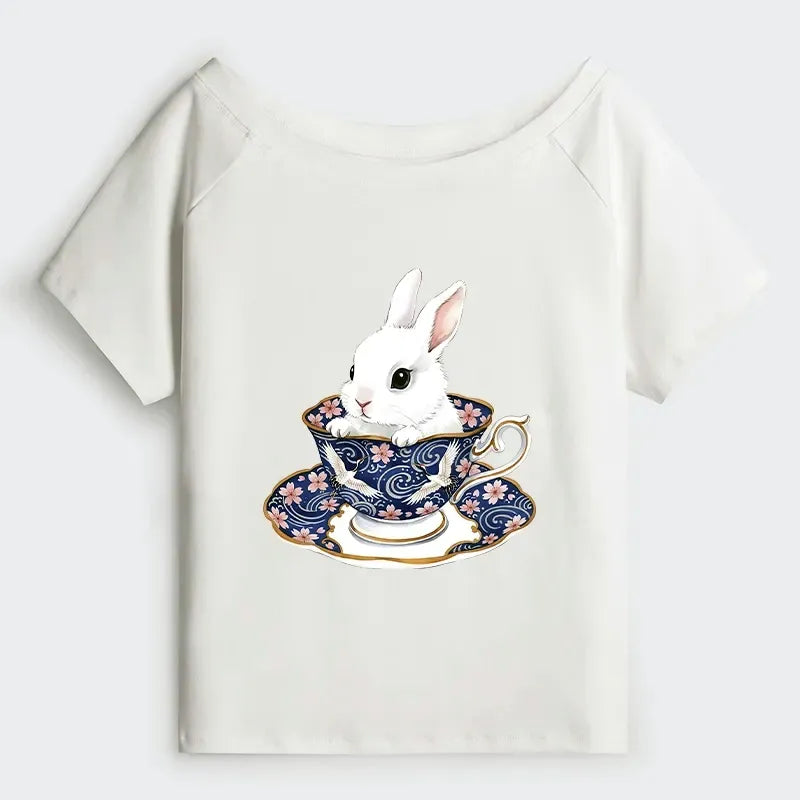 Kyoto-Lion Cute Rabbit Tea Set Off Shoulder T-Shirt