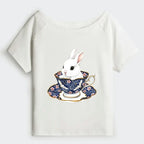 Kyoto-Lion Cute Rabbit Tea Set Off Shoulder T-Shirt