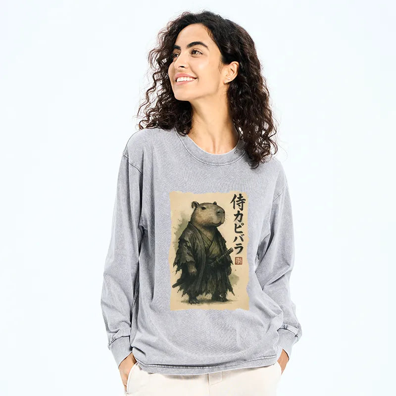 Kyoto-Lion Capybara Samurai Washed Long Sleeve T-Shirt