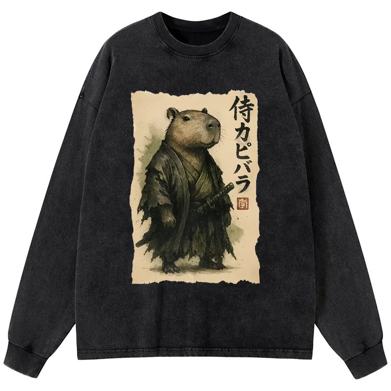 Kyoto-Lion Capybara Samurai Washed Long Sleeve T-Shirt