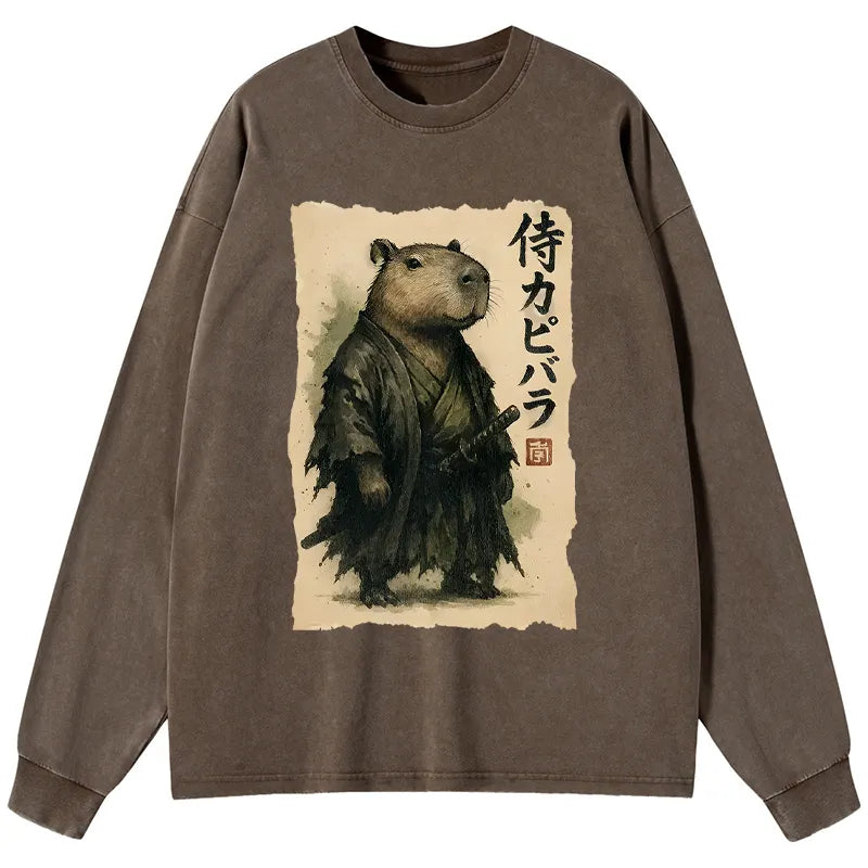 Kyoto-Lion Capybara Samurai Washed Long Sleeve T-Shirt