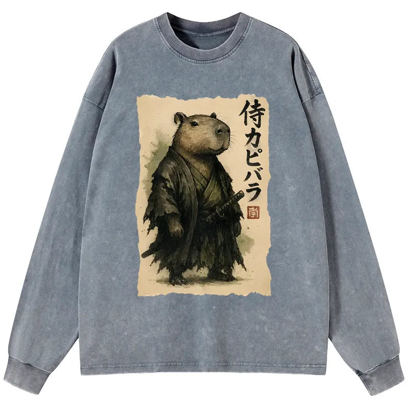 Kyoto-Lion Capybara Samurai Washed Long Sleeve T-Shirt