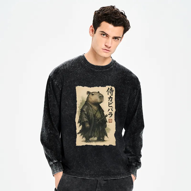 Kyoto-Lion Capybara Samurai Washed Long Sleeve T-Shirt