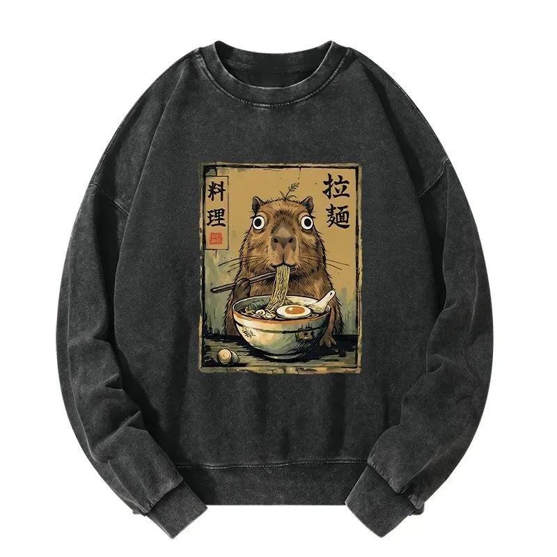 Kyoto-Lion Cute Capybara Eating Ramen Washed Sweatshirt