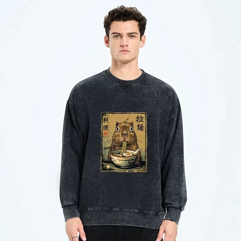 Kyoto-Lion Cute Capybara Eating Ramen Washed Sweatshirt