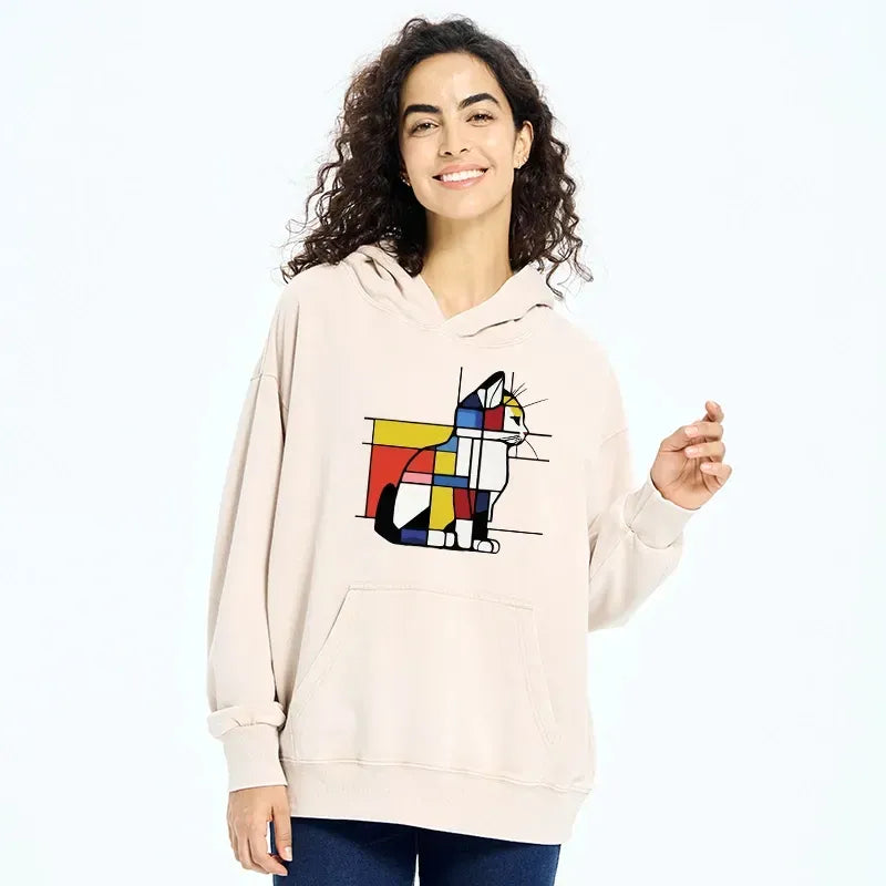 Kyoto-Lion Geometric Cat Art In Primary Colors Washed Hoodie