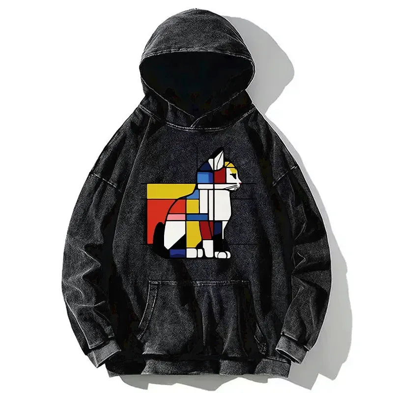 Kyoto-Lion Geometric Cat Art In Primary Colors Washed Hoodie