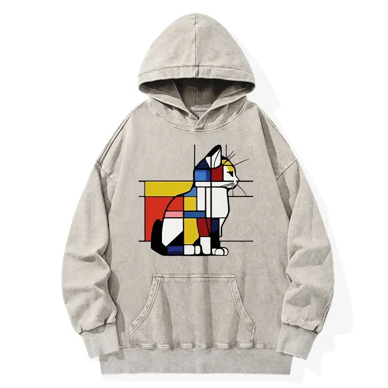 Japanese Geometric Cat Washed Hoodie
