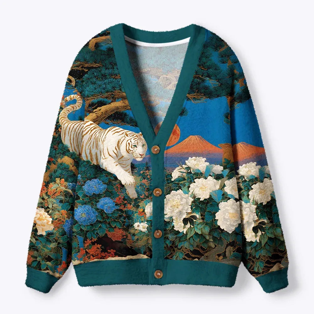 Kyoto-Lion White Tiger Ukiyo-e Ugly Cardigan Sweater