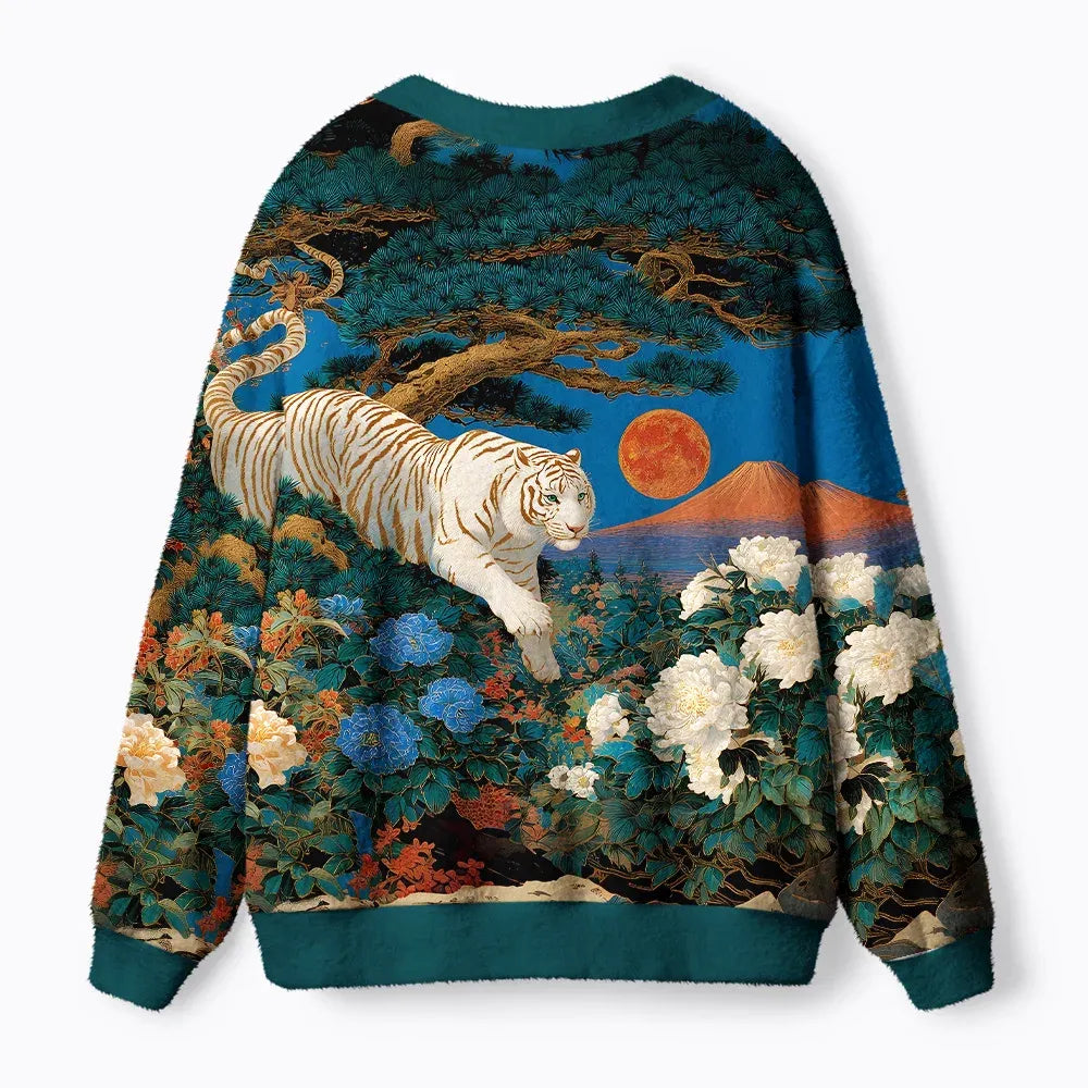 Kyoto-Lion White Tiger Ukiyo-e Ugly Cardigan Sweater