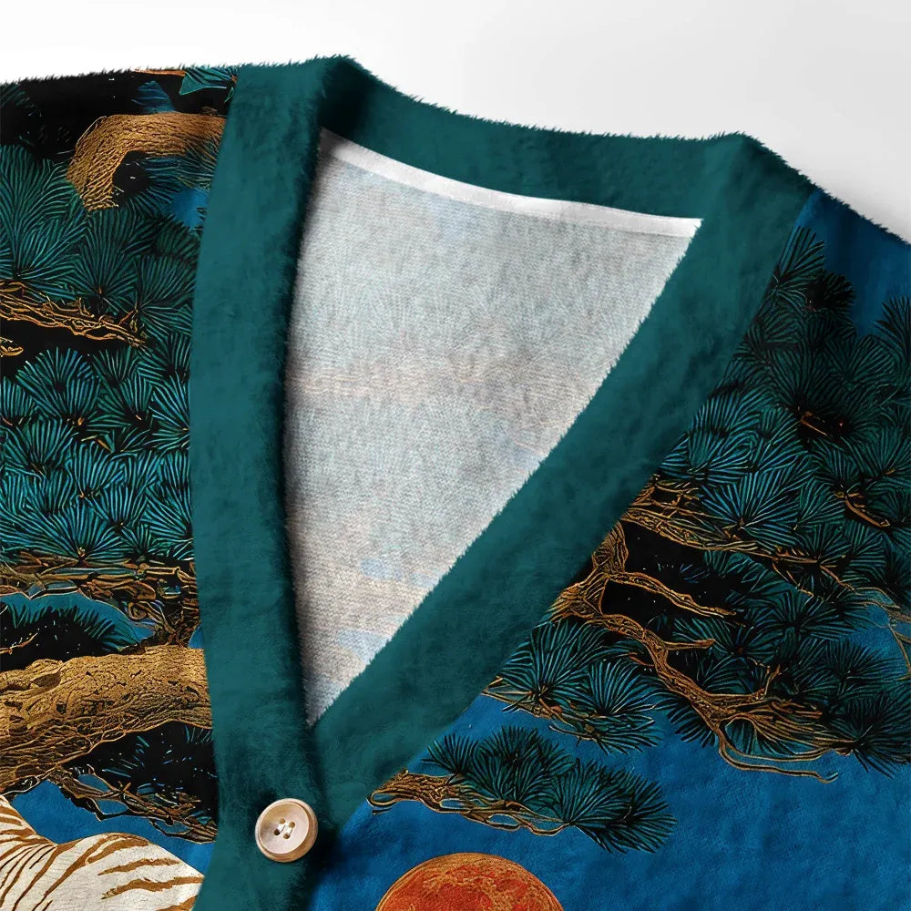 Kyoto-Lion White Tiger Ukiyo-e Ugly Cardigan Sweater
