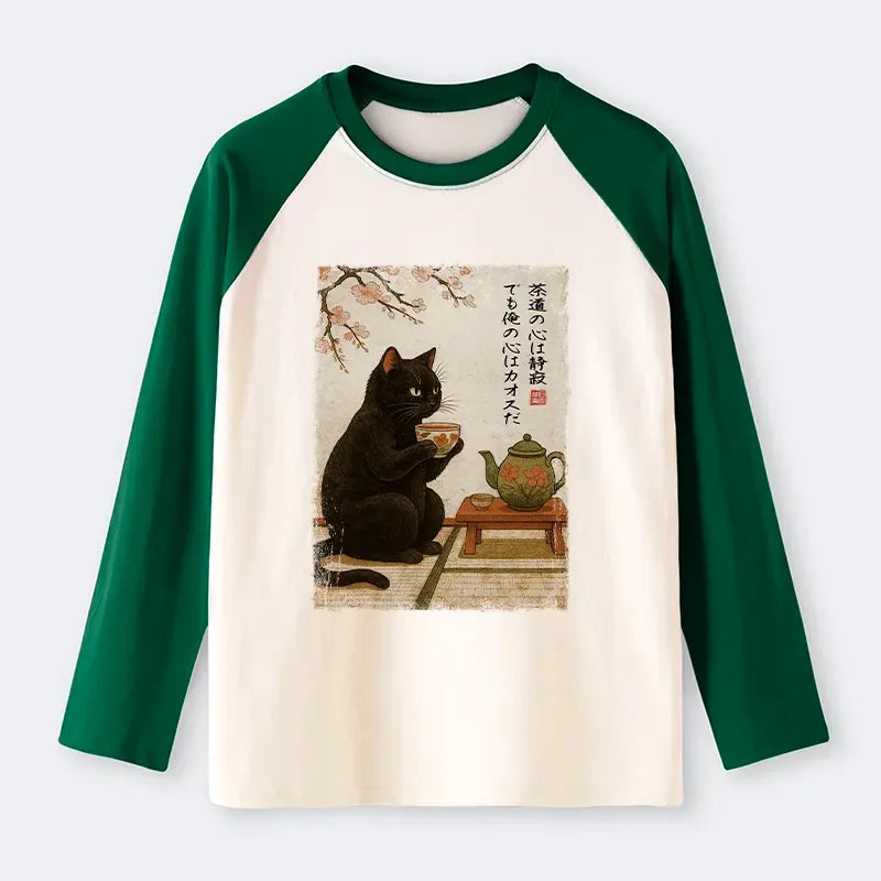 Japanese black cat raglan long sleeve tee