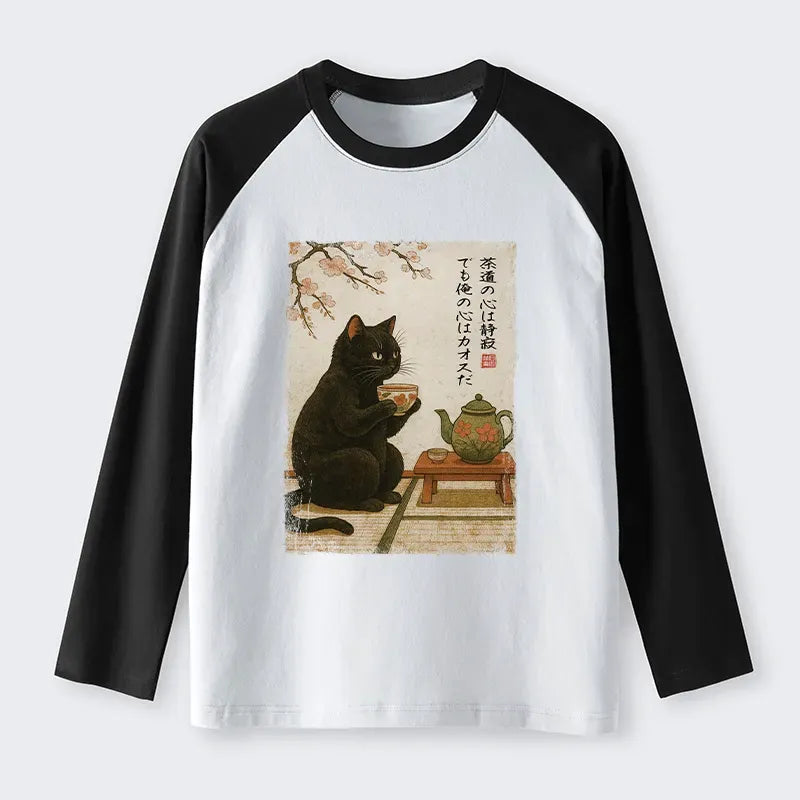 Kyoto-Lion Tea Time With A Black Cat Raglan Long Sleeve T-shirt