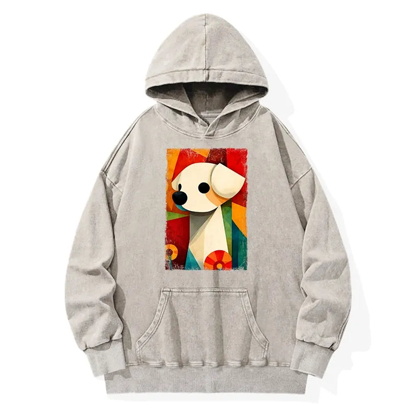 Kyoto-Lion Retro Abstract Color Block Puppy Art Washed Hoodie