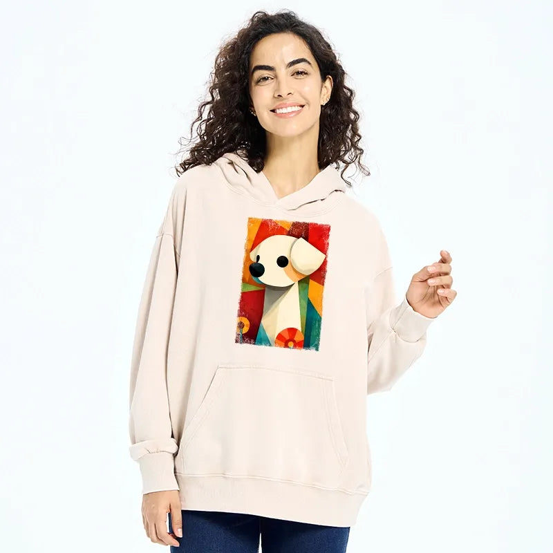 Kyoto-Lion Retro Abstract Color Block Puppy Art Washed Hoodie