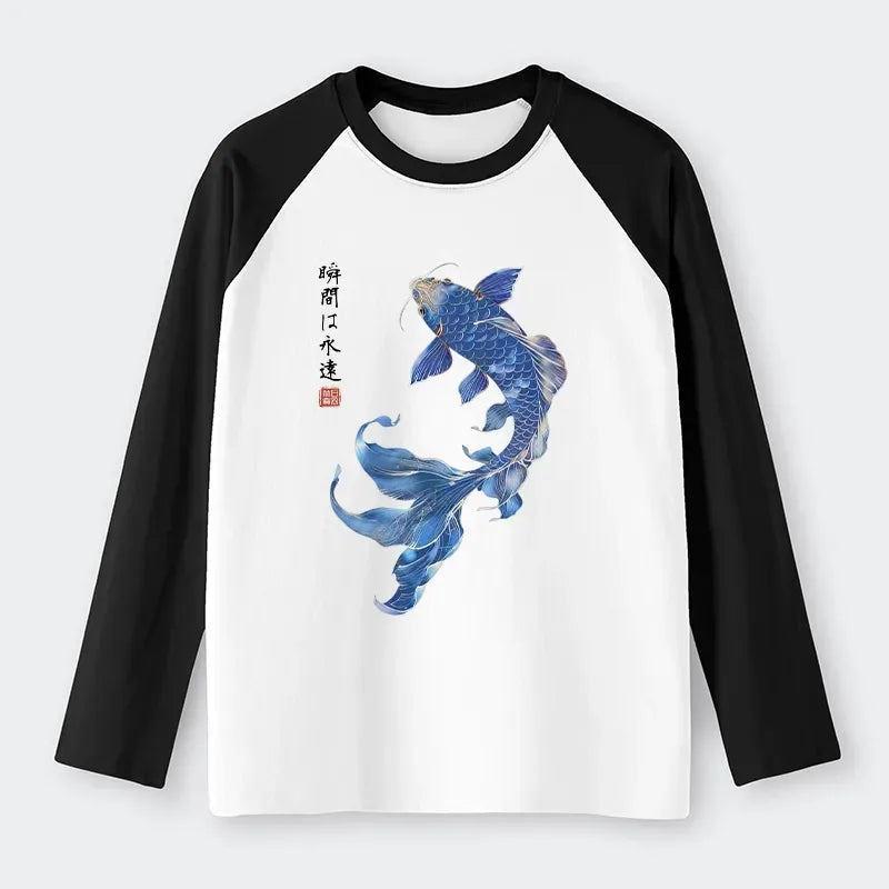 Kyoto-Lion Lucky Blue Koi Fish Art Raglan Long Sleeve T-shirt
