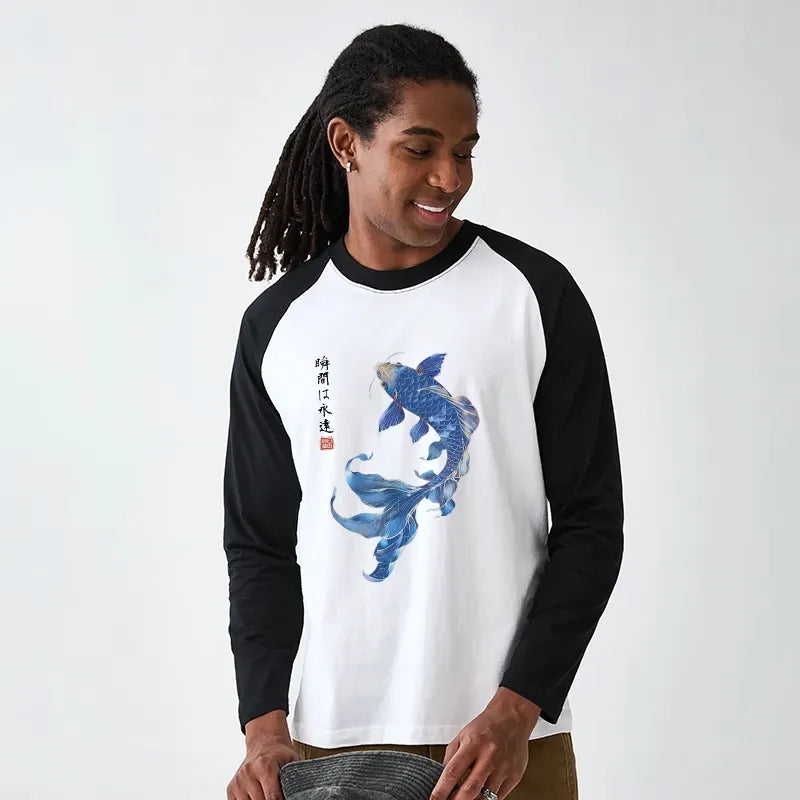 Kyoto-Lion Lucky Blue Koi Fish Art Raglan Long Sleeve T-shirt