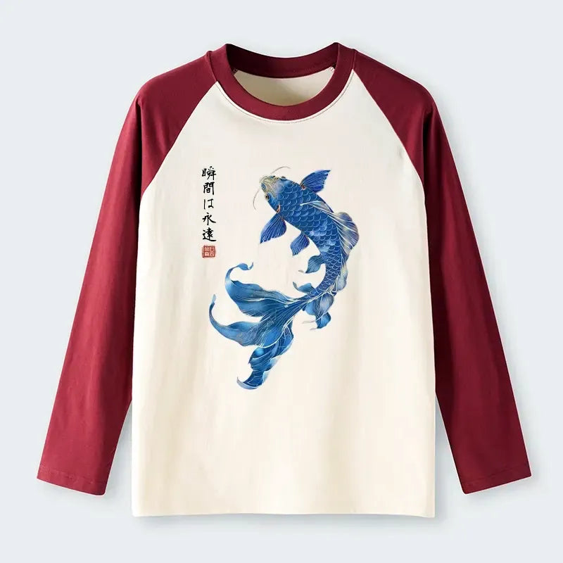 Kyoto-Lion Lucky Blue Koi Fish Art Raglan Long Sleeve T-shirt
