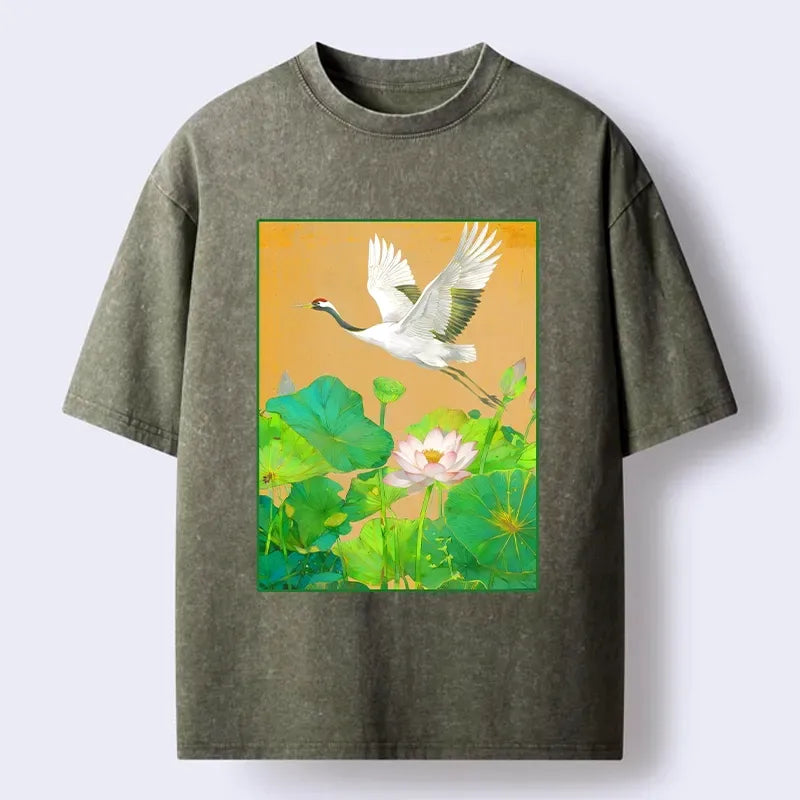 Crane Over Lotus Washed T-Shirt