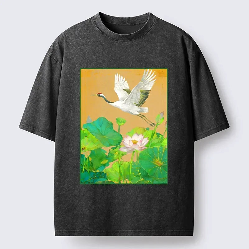 Kyoto-Lion Crane Flying Over Lotus Art Washed T-Shirt