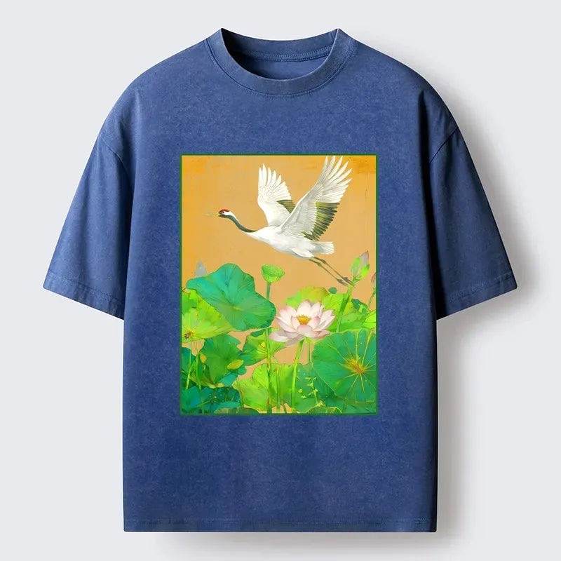 Crane Over Lotus Washed T-Shirt