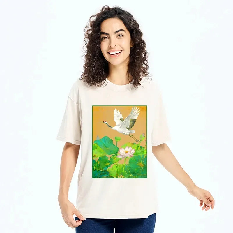 Crane Over Lotus Washed T-Shirt
