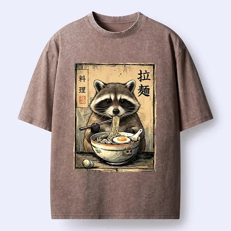 Japanese Raccoon Ramen Washed T-Shirt