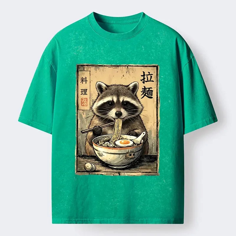 Kyoto-Lion Raccoon Eating Ramen And Loving It Washed T-Shirt