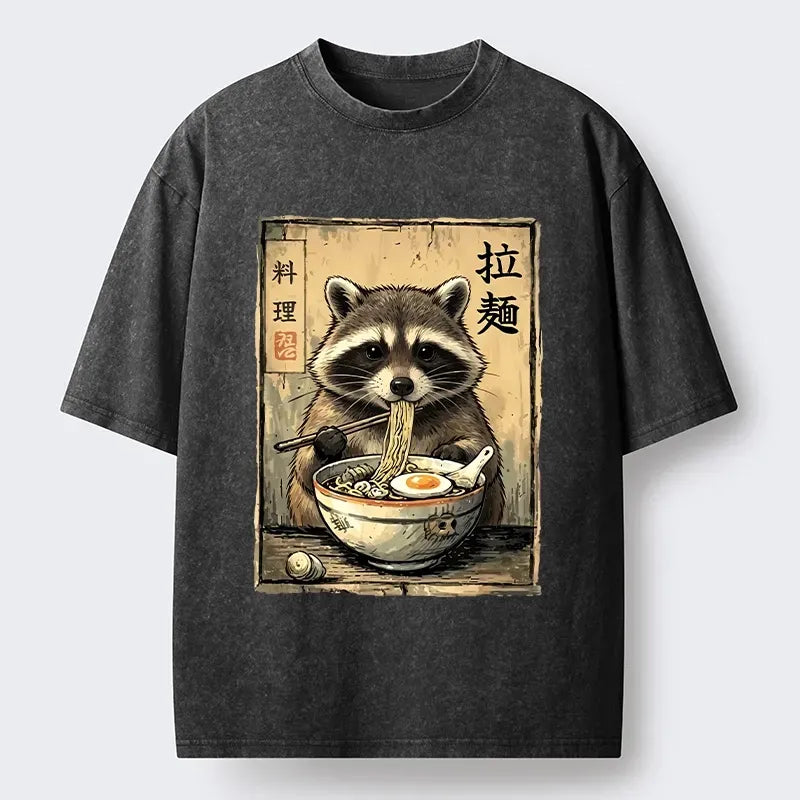 Japanese Raccoon Ramen Washed T-Shirt