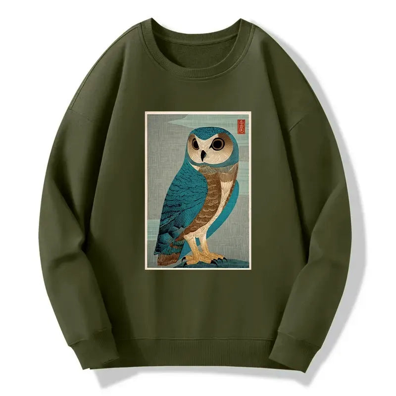 vintage owl woodblock art sweatshirt