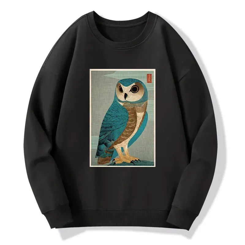 vintage owl woodblock art sweatshirt