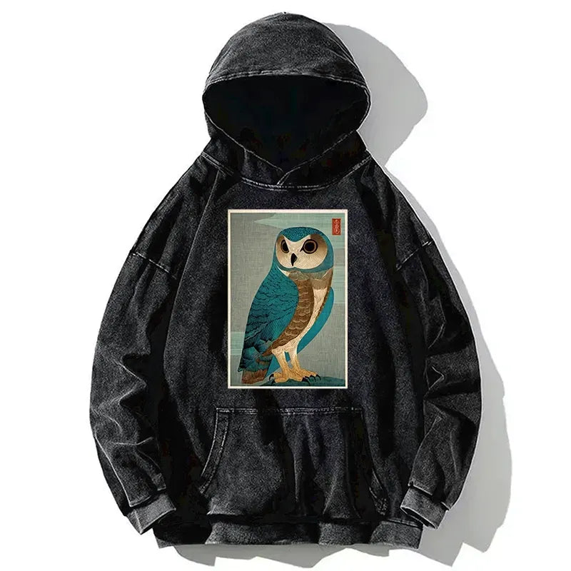 Kyoto-Lion Vintage Owl Woodblock Art Washed Hoodie
