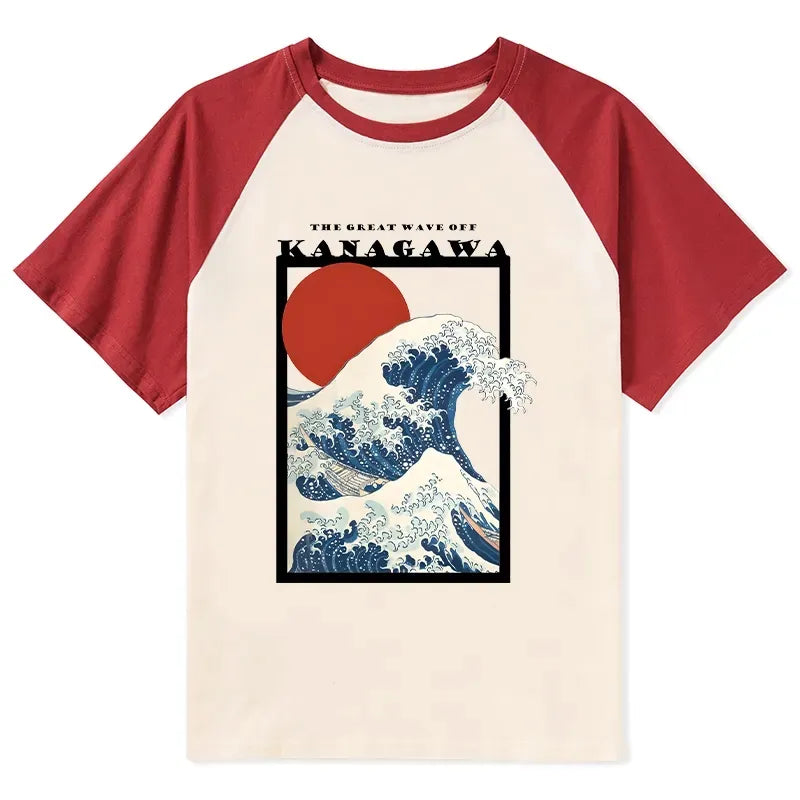 Kyoto-Lion Minimalist Ukiyo-e Waves Raglan T-shirt
