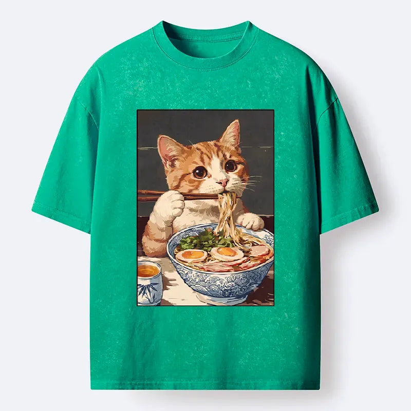 Kyoto-Lion Cute Cat Eating Ramen Japanese Poster Washed T-Shirt