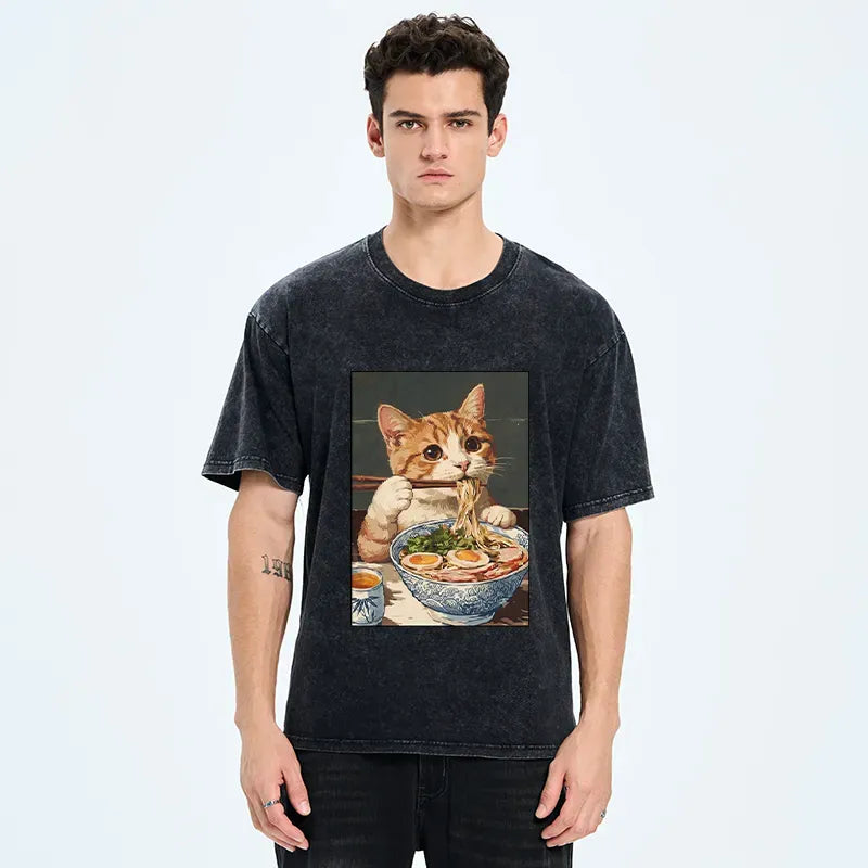 Kyoto-Lion Cute Cat Eating Ramen Japanese Poster Washed T-Shirt