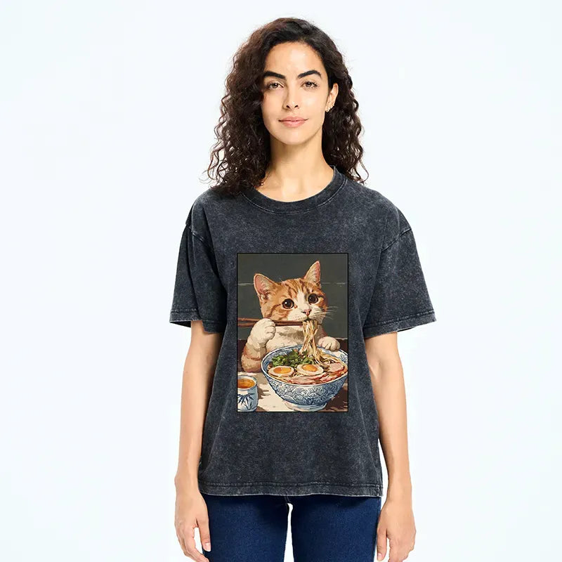 Kyoto-Lion Cute Cat Eating Ramen Japanese Poster Washed T-Shirt