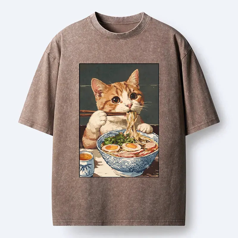 Kyoto-Lion Cute Cat Eating Ramen Japanese Poster Washed T-Shirt